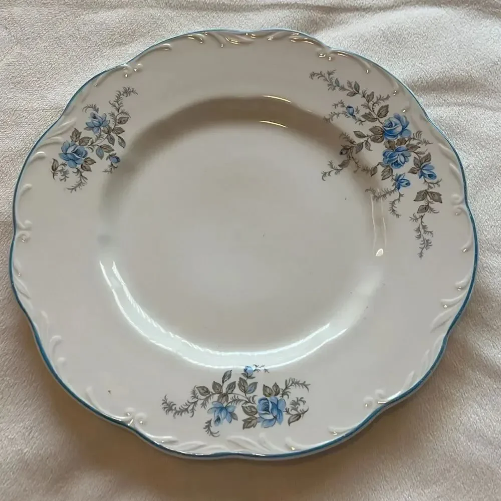 Sterling Colonial Plate 9 3/4 Inches Round White Blue Roses & Trim Scallop Edge